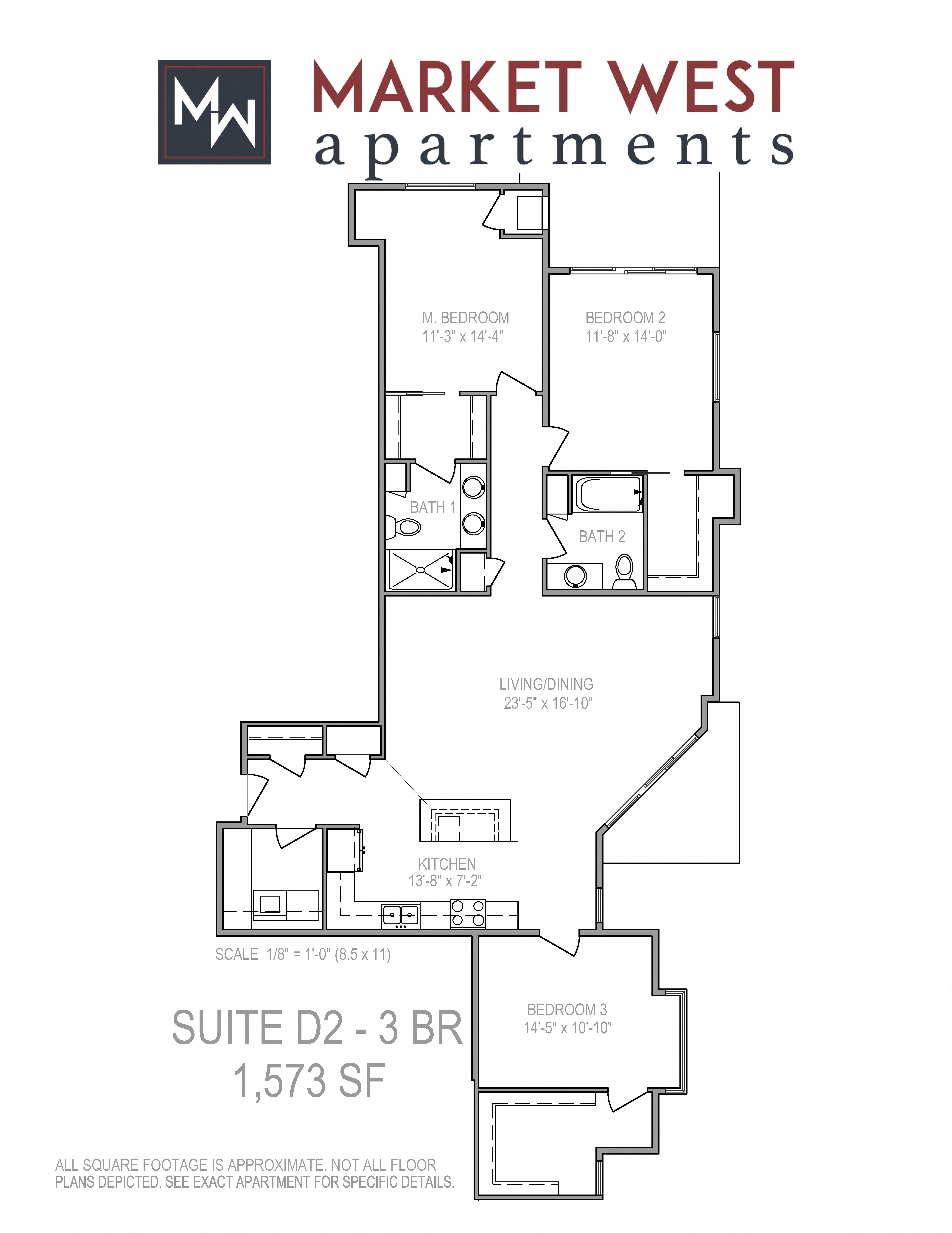 Floor plan for 3 beds, 2 baths, 1573 sqft